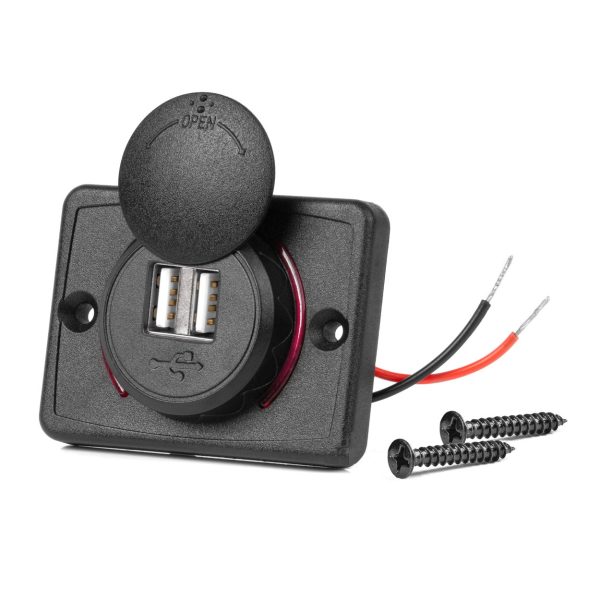 Vierkante waterdichte lader met rode LED-achtergrondverlichting, 2xUSB, 12/24V (64x48mm) - Afbeelding 1